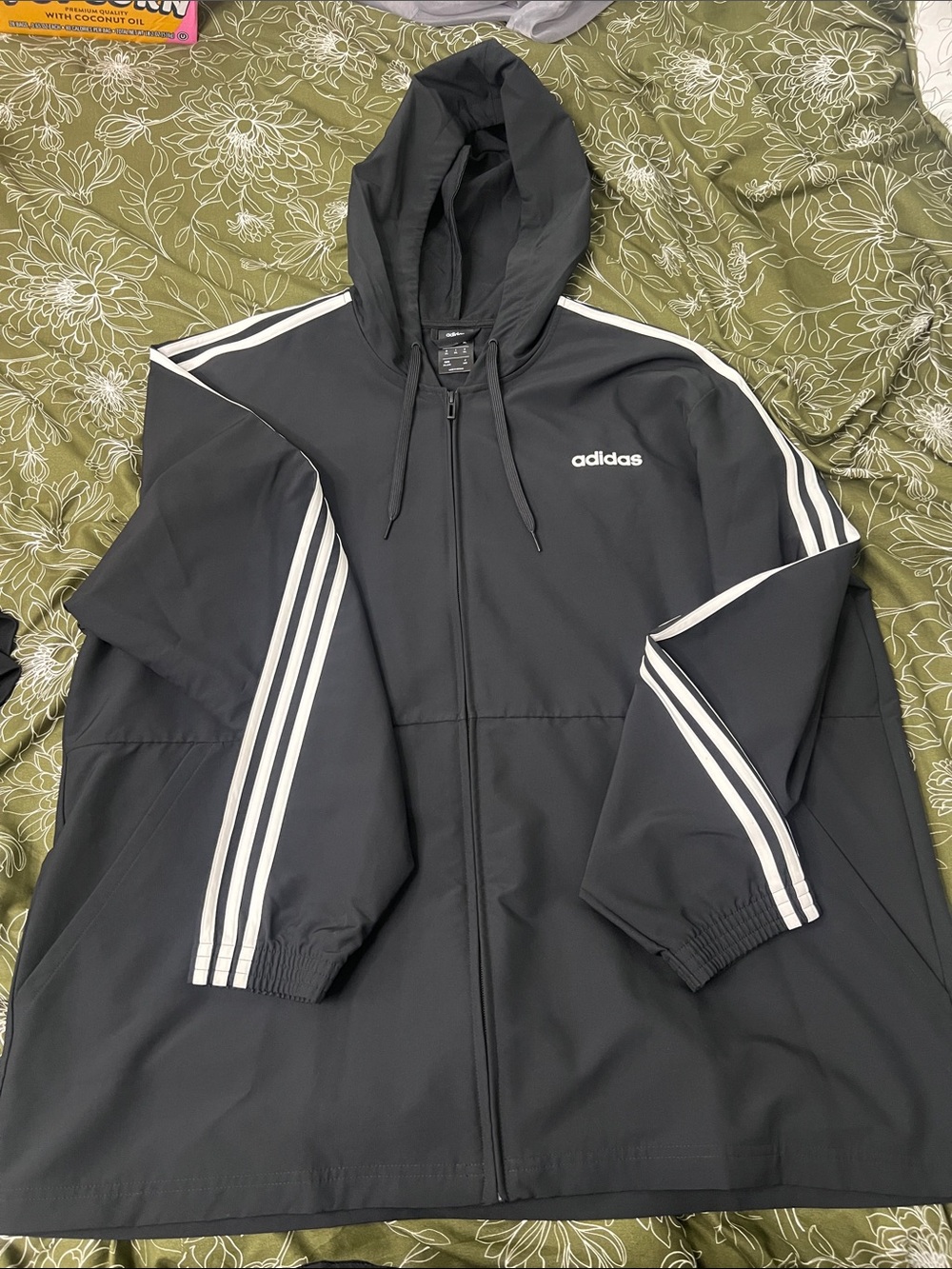adidas Black Hooded Windbreaker with White Three-Stripes